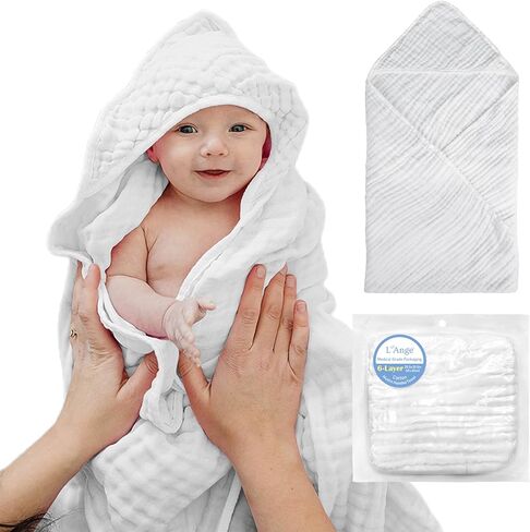 L'Ange Muslin Hooded Baby Towel - Infant Bath Towel with Hood for Newborn Babies Boy or Girl - 100% Cotton - Pack of 1 - Ready to Use Medical Grade Packaging - 6 Layers - White - 25.5x25.5 in in Kuwait