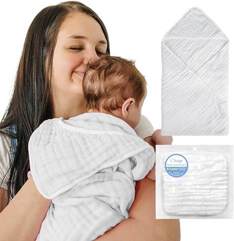 L'Ange Muslin Hooded Baby Towel - Infant Bath Towel with Hood for Newborn Babies Boy or Girl - 100% Cotton - Pack of 1 - Ready to Use Medical Grade Packaging - 6 Layers - White - 25.5x25.5 in in Kuwait