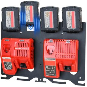 3-in-1 Metal Wall Mount for Milwaukee Chargers Batteries Drills Storage Rack for 4x 18V Battery Packs Bracket Holder for 2x M12-18C Charger/2x M12-18FC Charger/1x M18 DFC, Power Tool Organizer