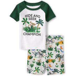The Children's Place Baby Boy's and Toddler Sleeve Top and Shorts Snug Fit 100% Cotton 2 Piece Pajama Set, Dino Hugs