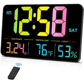 MASHI 11" Digital Clock with Large Display,Calendar Day and Date,DST,Dual Alarms,Humidity,Temperature for Desk, Wall Mounted, Living Room, Bedroom, Gift for Elderly (Black Case White Light)