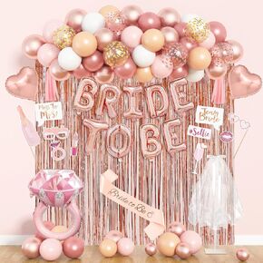 Amandir Bachelorette Party Decorations Supplies, Rose Gold Bridal Shower Decorations Bride To Be Pink White Gold Confetti Foil Heart Balloons, Veil, Photo Booth Props, Fringe Curtains, Paper Tassels