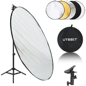 UTEBIT 43 Inch (110cm) Light Reflector Stand Kit Diffuser 5 in 1 Collapsible Multi Disc with Bag, 48 Inch Light Stand, Photography Reflector Holder-Translucent/Silver/Gold/White/Black