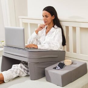 Lap Desk Pillow, Memory Foam Laptop Pillow Desk with Cup Holder, Reading Pillow for Lap, Laptop Desk for Bed, Soft Bed Desk for Working, Gaming, Crocheting Support(Grey)