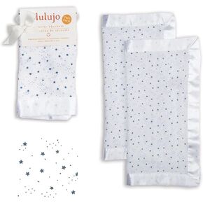 Lulujo Security Lovey Blankets| Unisex Softest Breathable Cotton Muslin Security Blanket Set with Silky Satin Trim| Neutral Comforting Blanket for Girls & Boys | 16in x 16 in| Stars