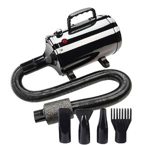 High Velocity Professional Grooming Dryer with Adjustable Temperature and Speed - Includes Steel Comb, Towel, Nozzles (White Black)
