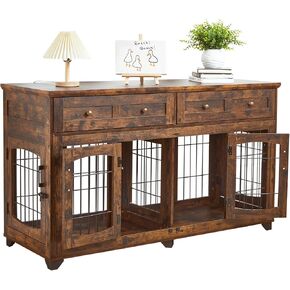 2 Rooms Dog Crate Furniture for Big Breed,58" Wooden Dog Crate Table with 2 Drawers,Indoor Dog Kennel,Dog House,Dog Cage,TV Stand (Grey)
