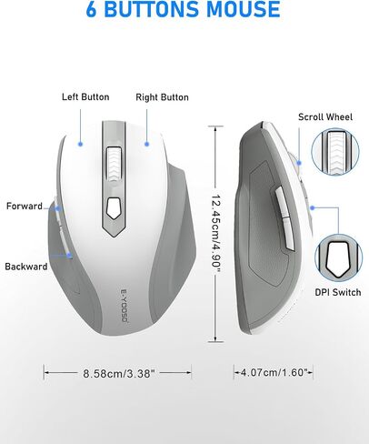 E-YOOSO Wireless Mouse, 2.4G Large Ergonomic Optical Mouse for Big Hands, 18 Months Battery Life, 5-Level 4000 DPI, 6 Button Big Computer Mouse for Laptop, Mac, PC, Chromebook, Notebook (Grey) in Saudi Arabia