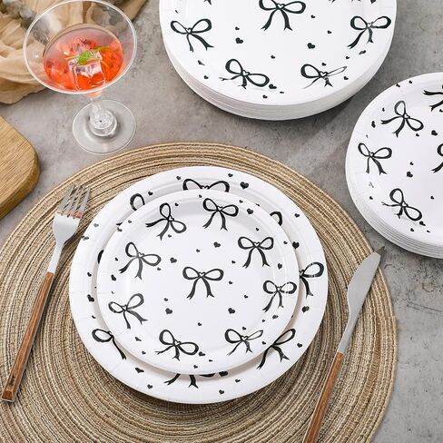 Sieral 60 Pcs Coquette Pink Bow Party Plates 9'' 7'' Bow Theme Birthday Party Decorations She's Tying the Knot Bachelorette Party Decor for Bridal Engagement Party Favor in Kuwait