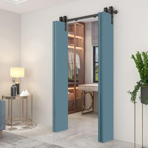 48 in. x 80 in. Light Gray Smooth Flush Hardboard Hollow Core Composite Double Bi-Fold Barn Door with Sliding Hardware Kit in Kuwait