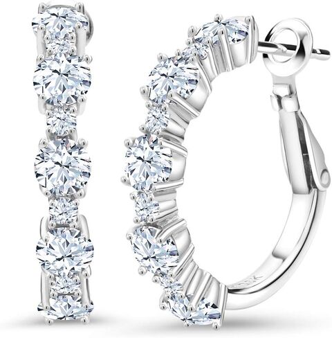 Gem Stone King 925 Sterling Silver White Moissanite Hoop Earrings For Women (2.60 Cttw, Round 4MM and 2MM, 1 Inch Diameter) in Kuwait