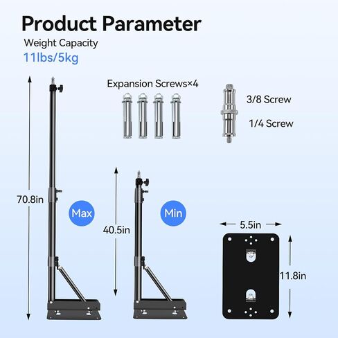 Takerers Ring Light Wall Mount, 5.9ft /71 inch Wall Ring Light Mount,180º Flexible Rotation,Triangle Boom Arm with 3/8 & 1/4 Screw for Photography Light, Monolight, Softbox, Umbrella, Reflector in Saudi Arabia