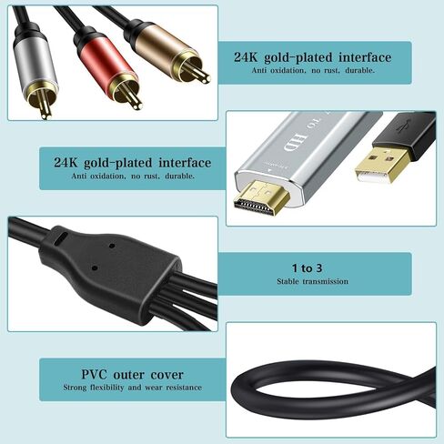 RCA to HDMI Converter for Smart TV - Composite AV to HDMI 1080P Aluminum Alloy Video Audio Adapter for VCR/DVD/VHS Player/Roku/PS2 Game Console/N64/Wii - 6 Feet (Golden) in Kuwait
