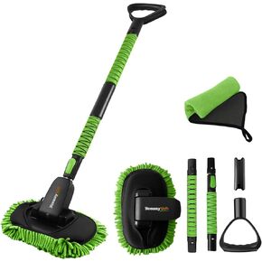 Car Wash Kit, 55" Car Wash Brush with Long Handle, Extendable Car Wash Mop with Microfiber Brush Heads, Car Cleaning Kit with D-Shape Handle & Window Squeegee for RV Truck Camper, Orange