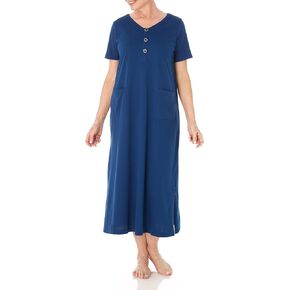 AmeriMark Womens Caftan Loungwear House Dress Long Nightgown V Neck with Pockets