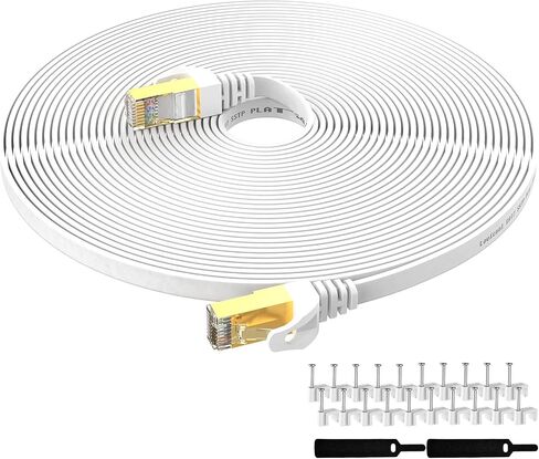 كابل Lovicool Cat7 Ethernet بطول 25 قدمًا، وسلك تصحيح الإنترنت المسطح CAT 7 لجهاز التوجيه والمودم والألعاب والمحور والكمبيوتر - سرعة عالية مع سلك RJ45 LAN - أبيض in Kuwait