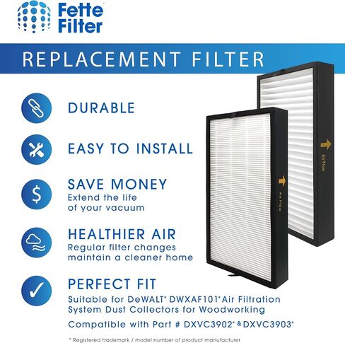 Pack of 2 DXVC3902 Air Filtration System Medium Efficiency Replacement Filter Compatible with DeWALT DWXAF101 Air Filtration System Dust Collector Replaces Part # DXVC3902 (2QTY) in Kuwait