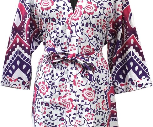 Women's Kimono Robe Long Robes with Colorful Crown Printed Blue Kimono Nightgown, One Size, Colorful Crown Blue in Saudi Arabia