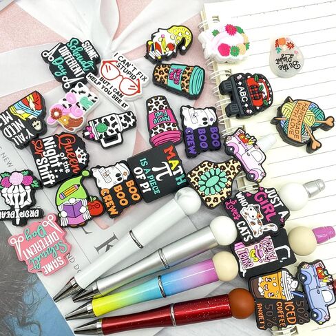 100Pcs Silicone Focal Beads Bulk 100 Deisgns Teacher Mom Animals Halloween Christmas Focal Beads for Pens Keychains DIY Jewelry Making(Mixed 100Designs Focal Beads) in Saudi Arabia