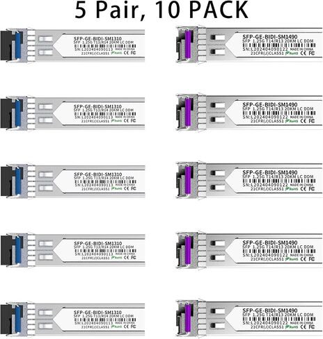 A Pair of 1.25G SFP Bidi Transceiver, 1000Base-BIDI SingleMode Simplex LC Fiber Module for Cisco GLC-BX-D, Ubiquiti UniFi UF-SM-1G-S, Mikrotik and More, SMF 1490nm/1310nm, DDM, up to 20 km in Kuwait