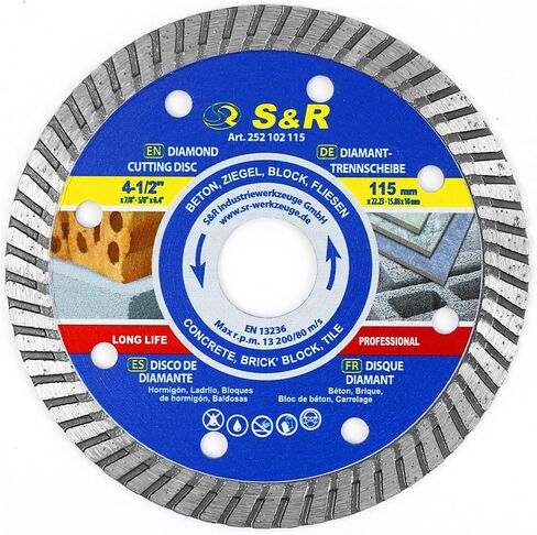 S&R Turbo Diamond Cutting Disc 180 mm / 7 Inch (180 x 10 x 22.2 / 15.88 mm), with Rhombus Hole and Reducer 22.23 mm to 15.88 mm Bore, for Concrete, Brick, Masonry, Tiles in Saudi Arabia