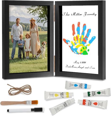 Family Handprint Kit, DIY Baby Hand and Footprint Handmade Keepsake Wooden Frame, Family Gifts with 5 Non-Toxic Baby-Safe Paint, Ideas Gift for New Parents Couple Friends in Kuwait