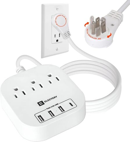 سلك تمديد مسطح مع قابس دوار 360 درجة، شريط طاقة بطول 6 أقدام مع 4 شاحن حائط USB (منفذ USB C واحد) و3 منافذ بيضاء، محطة شحن مثبتة على الحائط للمنزل والمكتب وأساسيات السفر in Kuwait