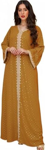 Muslim Abaya Dresses for Women V Neck Kaftan Islamic Prayer Robe Embroidered Bronzing Dress Holiday Evening Dress in Saudi Arabia