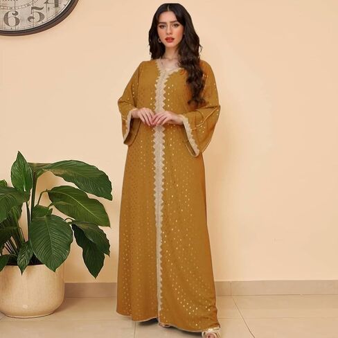 Muslim Abaya Dresses for Women V Neck Kaftan Islamic Prayer Robe Embroidered Bronzing Dress Holiday Evening Dress in Saudi Arabia