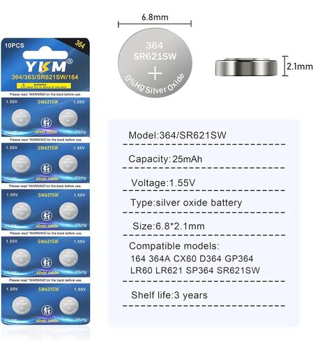 YKM SR621SW 364 Watch Batteries 10 Pack 1.55V Silver Oxide Button Cells in Kuwait