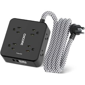 10Ft Surge Protector Power Strip - CHCORE Flat Plug Extension Cord with 8 Outlets and 4 USB Ports(2 USB C), 3 Side Wall Mount Outlet Extender for Home Dorm Room Essentials, ETL Listed, White