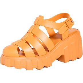 Melissa Megan Platform Jelly Heels for Women - The Iconic Original 90’s Jelly Shoe, Fisherman's Sandal with Chunky, Platform Lug-Sole Heel and Adjustable Strap and Side Buckle, Red, 6
