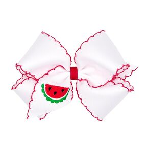 Wee Ones Girls Grosgrain Hair Bow with Moonstitch Edge and Tractor Embroidery, Wht W/Grn, Medium