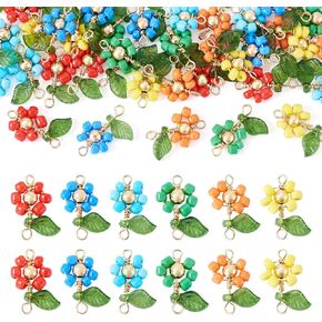 FASHEWELRY Glass Flower Charms Green Leaf Flower Dangle Earring Charms Trumpet Lily Bell Floral Pendants Colorful Crystal Flower Beads Charms for DIY Crafts Necklace Earring Jewelry Making