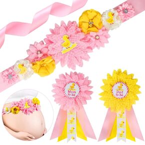Duck Baby Shower Maternity Sash Kit - Blue Yellow Duck Baby Shower Belly Belt and Mom to Be & Dad to Be Corsage Pins, New Parents Pregnancy Photo Props Party Supplies