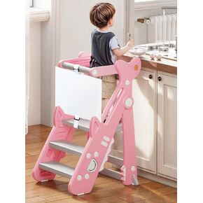 VBABY Foldable Toddler Tower, Certified Toddler Kitchen Stool Helper, Adjustable Height Toddler Step Stool, Plastic Learning Tower for Toddler, White