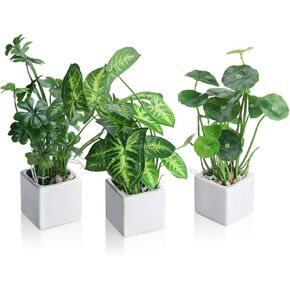 MyGift Artificial Green Grass Plants Trio in Rustic Burnt Solid Wood Planter Boxes, Faux Greenery in Decorative 4 Inch Square Wooden Containers, Set of 3