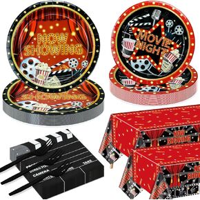 Movie Night Party Supplies for 20 Guests, Disposable Tableware Set Include Now Showing Plates, Movie Night Plates, Napkins, Tablecloth for Movie Night Party Decorations Red Carpet Birthday Party Decor