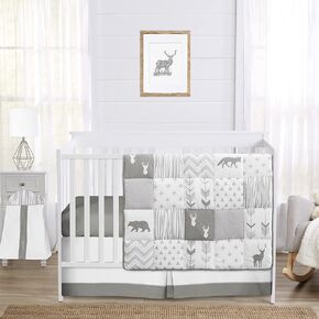 مجموعة مفروشات سرير أطفال من Sweet Jojo Designs باللون البيج والرمادي والأبيض من Boho Mountain Animal Gray Woodland Forest Friends للأطفال من الجنسين - 4 قطع - دب ثعلب الغزلان