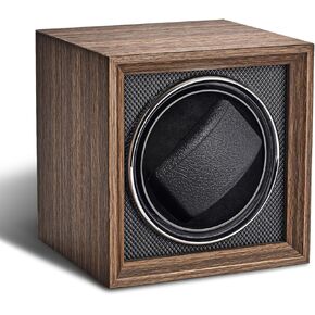 UnaMela Watch Winder for Automatic Watches: Automatic Single Watch Winder Box, Rotating Watch Case in Black Carbon Fiber Leather, Watch Rotator with Japanese Quiet Motor, Battery Powered or AC Adapter