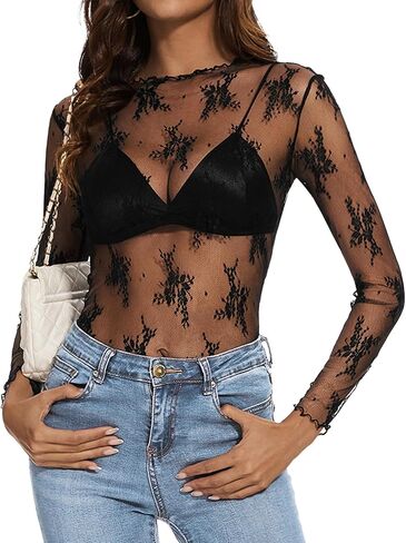 Womens Lace Mesh Long Sleeve Top Floral Sheer See Through Sexy Tops Mock Neck Shirts Party Club Night Blouses in Saudi Arabia