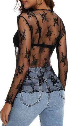 Womens Lace Mesh Long Sleeve Top Floral Sheer See Through Sexy Tops Mock Neck Shirts Party Club Night Blouses in Saudi Arabia