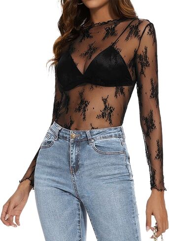 Womens Lace Mesh Long Sleeve Top Floral Sheer See Through Sexy Tops Mock Neck Shirts Party Club Night Blouses in Saudi Arabia