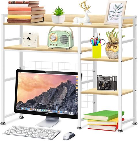 Desktop Bookshelf, 37 x 35 x 8 Inch Adjustable Desk Hutch, 4-Tier Wood Desktop Organizer Shelf for Computer Desk, Home Office Dorm, Brown in Saudi Arabia