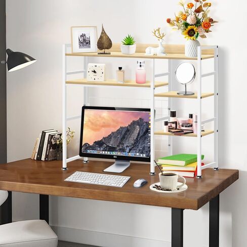 Desktop Bookshelf, 37 x 35 x 8 Inch Adjustable Desk Hutch, 4-Tier Wood Desktop Organizer Shelf for Computer Desk, Home Office Dorm, Brown in Saudi Arabia