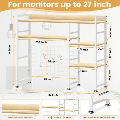 Desktop Bookshelf, 37 x 35 x 8 Inch Adjustable Desk Hutch, 4-Tier Wood Desktop Organizer Shelf for Computer Desk, Home Office Dorm, Brown in Saudi Arabia