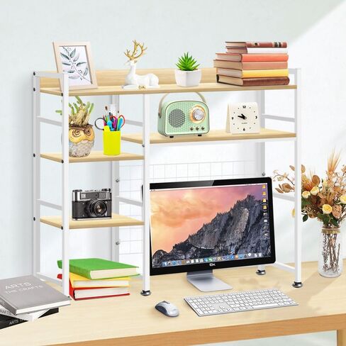 Desktop Bookshelf, 37 x 35 x 8 Inch Adjustable Desk Hutch, 4-Tier Wood Desktop Organizer Shelf for Computer Desk, Home Office Dorm, Brown in Saudi Arabia