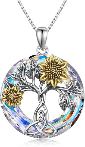 Sunflower Necklace 925 Sterling Silver with Crystal Sunflower Necklace Tree of Life Pendant Sunflower Jewelry Gifts for Women Mom Wife in Saudi Arabia