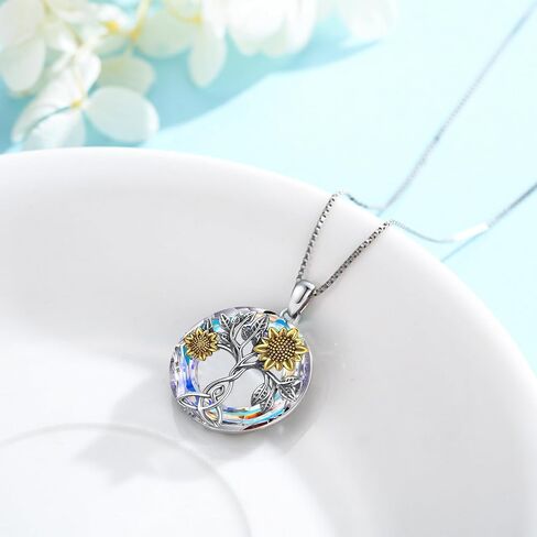 Sunflower Necklace 925 Sterling Silver with Crystal Sunflower Necklace Tree of Life Pendant Sunflower Jewelry Gifts for Women Mom Wife in Saudi Arabia