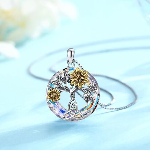 Sunflower Necklace 925 Sterling Silver with Crystal Sunflower Necklace Tree of Life Pendant Sunflower Jewelry Gifts for Women Mom Wife in Saudi Arabia